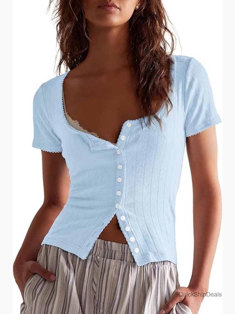 Ribbed Knit Button Down Shirt Square Neck Short Sleeve Picot Trim Fitted Tee